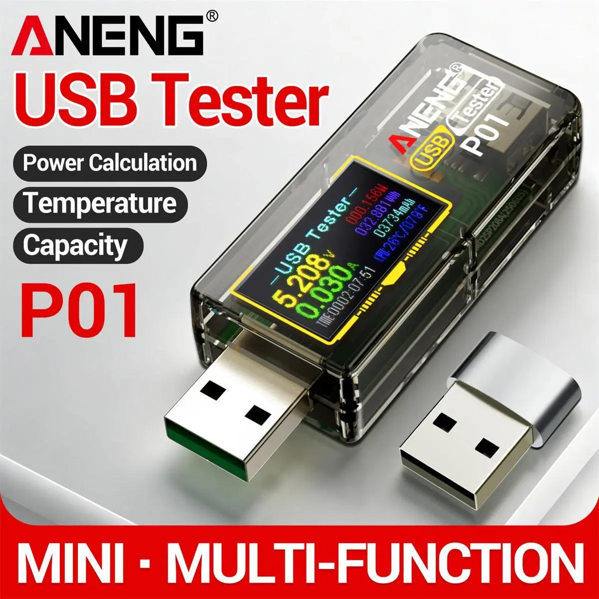 ANENG P01 USB‑C Digital Multimeter Voltmeter, 4‑30V USB‑C Tester with Color Screen, Data Storage & Real‑Time Monitoring. Quality Inspection Tool for Chargers, Smartphones, Tablets and Power Supply Testing