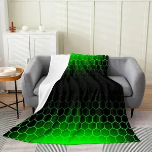 Green Black Ombre Honeycomb Flannel Fleece Throw Blanket,Queen 90"x90" Hexagon Plush Blanket,Abstract Green and Black Fuzzy Blanket