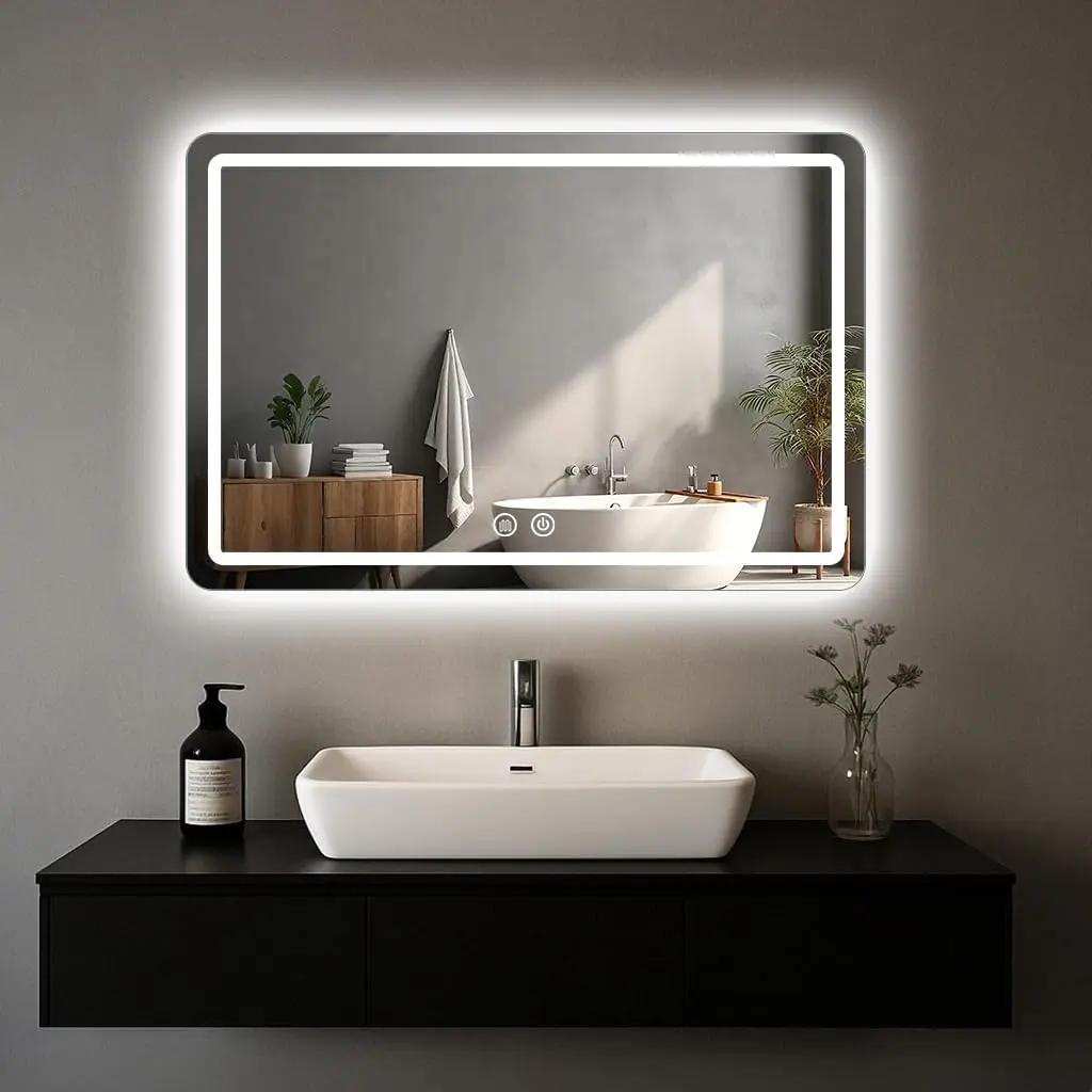 LED Bathroom Mirror 60x90 cm Backlit Vanity Mirror, Anti-Fog Defogger Wall Mounted Makeup Mirror with 3 Color Dimmable Lighting, IP54 Waterproof Vertical Mount Lighted Mirror for Bathroom Shaving Grooming Bedroom Hotel Salon Home Decor