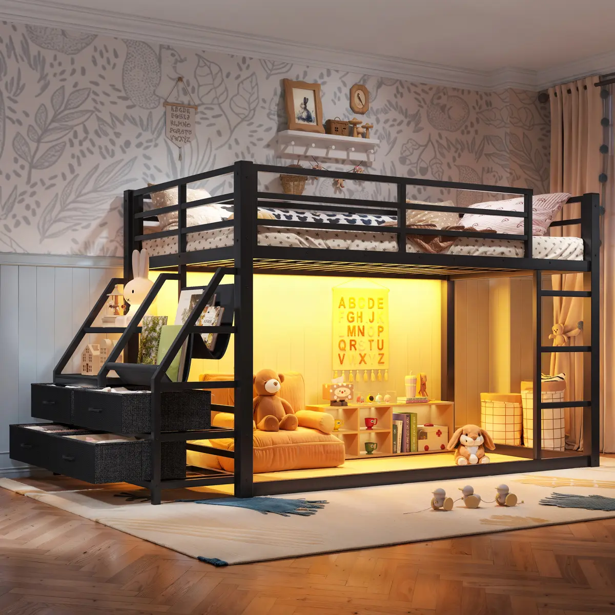 Twin Over Twin Durable Reinforced Metal Bunk Bed - Loft Style, Secure Glam Frame with Storage Shelves, Drawers, Luminous LED Light, Scratch Resistant, No Box Spring Needed, for Teens, Requires Assembly, Single Compatibility