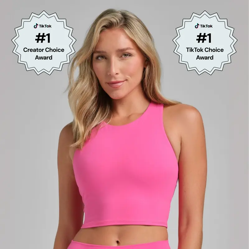 ComfrtCore 2.0 High Neck Crop Tank | Light to Medium-Compression Tank Top With Built-In Shelf Bra