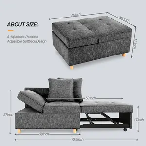 Sofa Bed 4-in-1 Convertible Sofas & Couches, 3-Seat Linen Fabric loveseat Sofa with 2 Throw Pillow, Single Recliner for Small Space with 5 Adjustable Backrest, Black