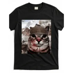 Thousand Yards Staring At The Funny Soldier Cat Meme Men's Comfortable Cotton Round Neck Short Sleeve T-Shirt Cool Design Street Fashion Style