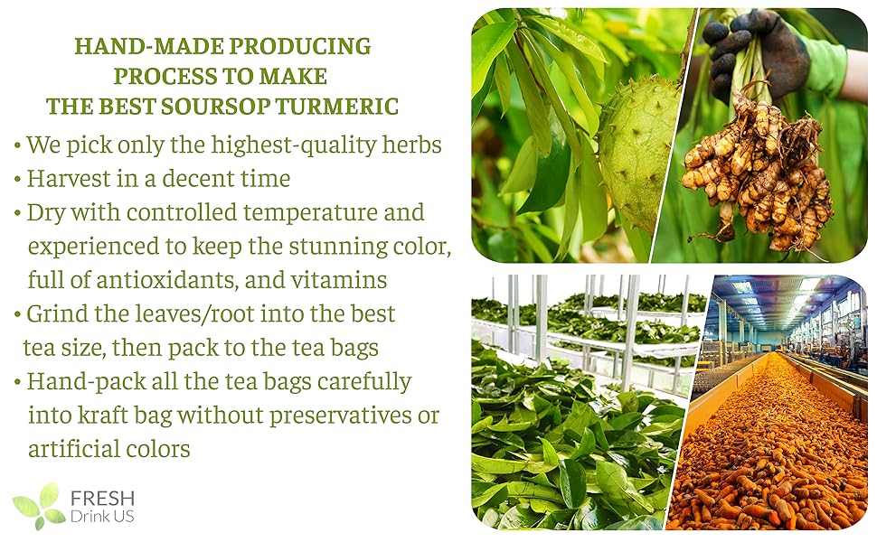 Premium 40 Soursop Turmeric Tea Bags, 100% Natural, Blend of Soursop Leaves, and Turmeric Root. Made with Natural Material Tea Bags. No Sugar, Vegan. Premium 40 Soursop Turmeric Tea Bags, 100% Natural, Blend of Soursop Leaves, and Turmeric Root. Made with Natural Material Tea Bags. No Sugar, Vegan.