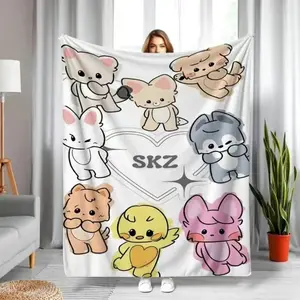 Warm Cozy Blanket SKZ Cartoon Character Flannel Blanket  Soft Polyester Sofa Bed Car Office  All-Season Cozy Throw for Sofa & Bed, Stylish Novel Pattern Design, Perfect for Air Conditioned Rooms