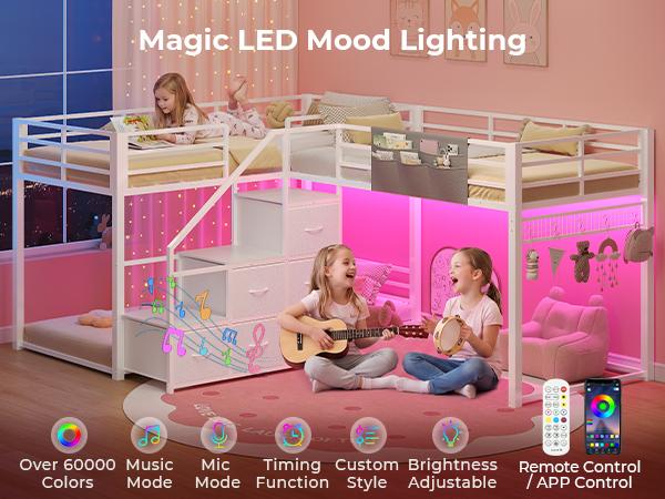 ADORNEVE L-Shaped Triple Bunk Beds Twin Size wit Staircase and 6 Drawers 3 Twin Beds with All-Around Safety Guardrails and Storage Staircase Side Storage Pocket