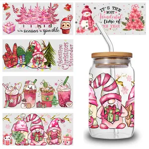 5 Sheets Gnome Christmas UV DTF Stickers Glass DTF Transfer Stickers DIY Water Bottle Glass UV DTF Stickers Plastic Self-Adhesive Labels Transfer Sticker Decal