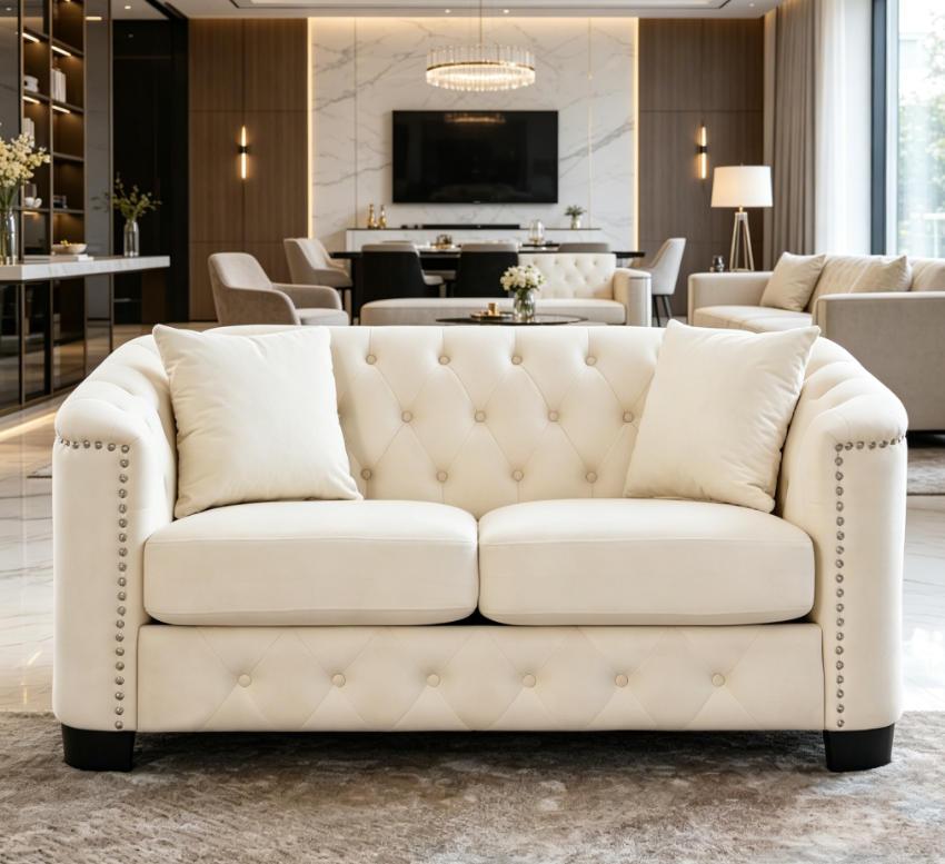 59-Inch Modern Chesterfield Velvet 2-Seater Decorative Sofa - Upholstered Indoor Couch with Tufted Backrests, Nailhead Arms, 2 Cushions for Living Room, Bedroom 59-Inch Modern Chesterfield Velvet 2-Seater Decorative Sofa - Upholstered Indoor Couch with Tufted Backrests, Nailhead Arms, 2 Cushions for Living Room, Bedroom