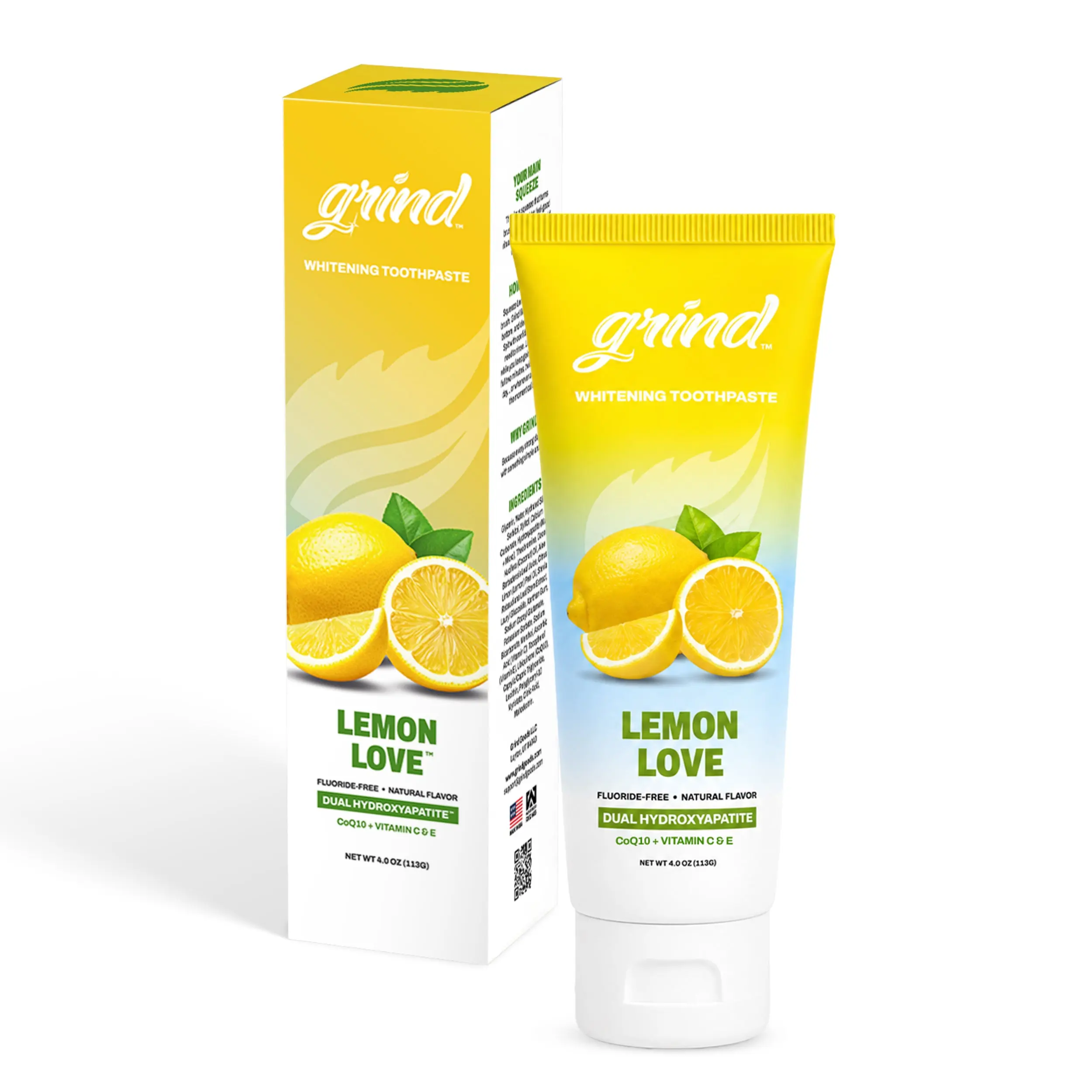 Grind Lemon Love Cosmetic Fluoride-Free Whitening Toothpaste with Dual Micro-Nano Hydroxyapatite Formula, Bright Lemon Citrus Flavor, 4oz Vitamin-Infused Teeth Sensitivity Solutions Daily Oral Care