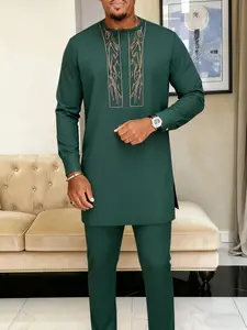 Men's Muslim Style Kurta Kaftan Set, Round Neck Long Sleeve Embroidery Design, Casual African Clothing for Weddings Festivals Business Fasting Gifts