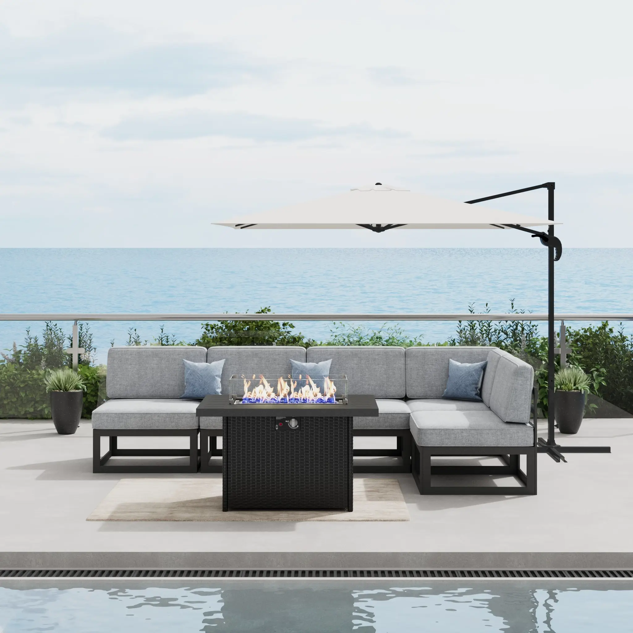 LayinSun Large Aluminum Patio Furniture Set with Fire Pit Table, 6 Pieces Modern Outdoor Conversation Set Sectional Metal Sofa Set with Olefin Cushion, Multiple Packages