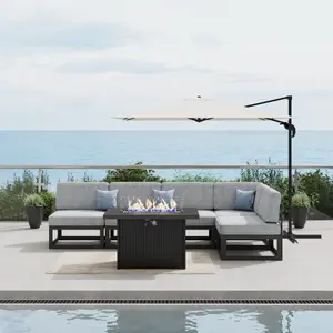LayinSun Large Aluminum Patio Furniture Set with Fire Pit Table, 6 Pieces Modern Outdoor Conversation Set Sectional Metal Sofa Set with Olefin Cushion, Multiple Packages