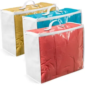 Clear Blanket Storage Bags 3 Pack Space Saving Organizers Lightweight Breathable Fabric Side Secure Zippered Top Convenient Handle 20x20x8 Inches