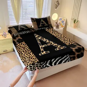 3Pcs Letter Leopard Zebra Stripe Patchwork Fitted Sheet Set, Wild and Fashion, Soft and Skin-Friendly, Comfortable and Breathable, Non-Slip, Ideal for Teen Girls and Students Bedroom Dorm Mattress Protector Cover
