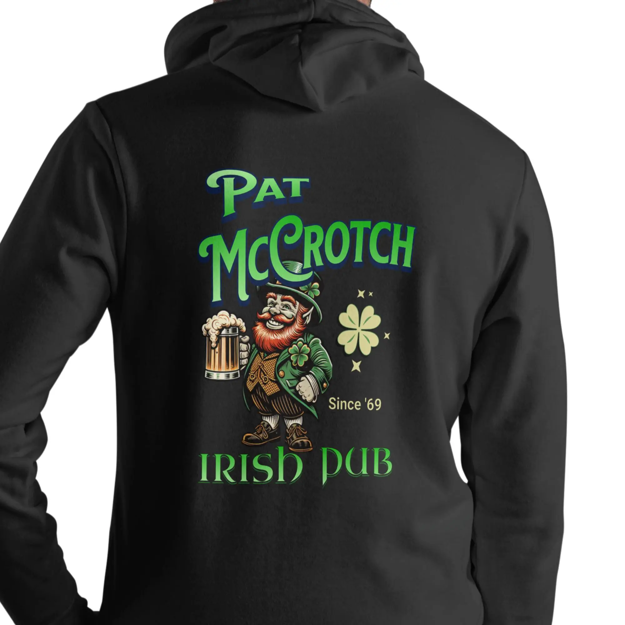 Men's Funny Pat McCrotch Irish Pub Hoodie Sweatshirt - Menswear Tops, Long Sleeve Casual Pullover, Black Layer with "Pat McCrotch, Since 69" Graphic, Stylish Fit, Available in 2x,3x,5x Sizes, Style, Hooded