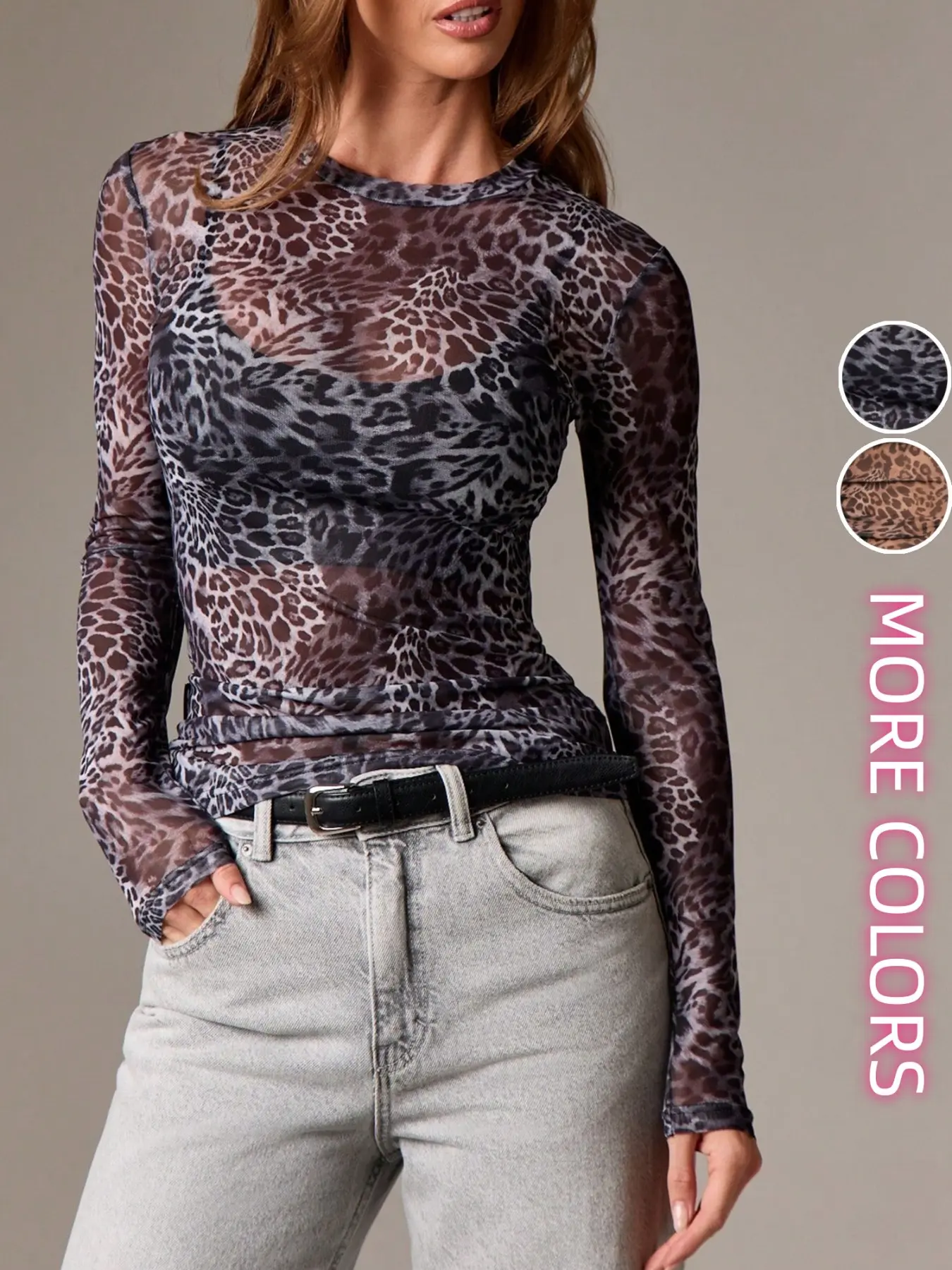 New Fashion Mesh Round Neck Long Sleeves Leopard Print Slim Fit T-Shirt, Animal Print Shirt, Trendy Women's Top, Comfortable and Stylish, Perfect for Daily Wear