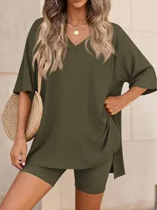 Women's V Neck 2 Piece Sets Summer Lounge Short Set Spring Matching Biker Shorts Oversized Shirt Clothing