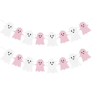 Halloween Ghost Banner Glitter White Pink Garland 2Pcs Ghost Party Decorations Pink Halloween Decorations for Birthday Party Décor Gender Reveal Celebration Supplies Indoor Outdoor