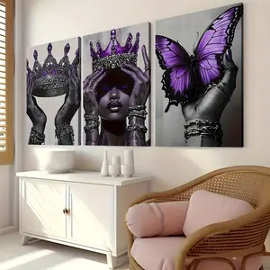 3 Piece Framed Canvas Wall Art Butterfly Queen Crown and Elegant Woman Portrait Indoor and Outdoor Home Decoration