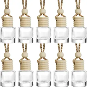 10Pcs Refillable Glass Car Diffuser Bottles | Wooden Cap Hanging Car Air Freshener Perfume Pendant for DIY Essential Oil Car Interior Decor