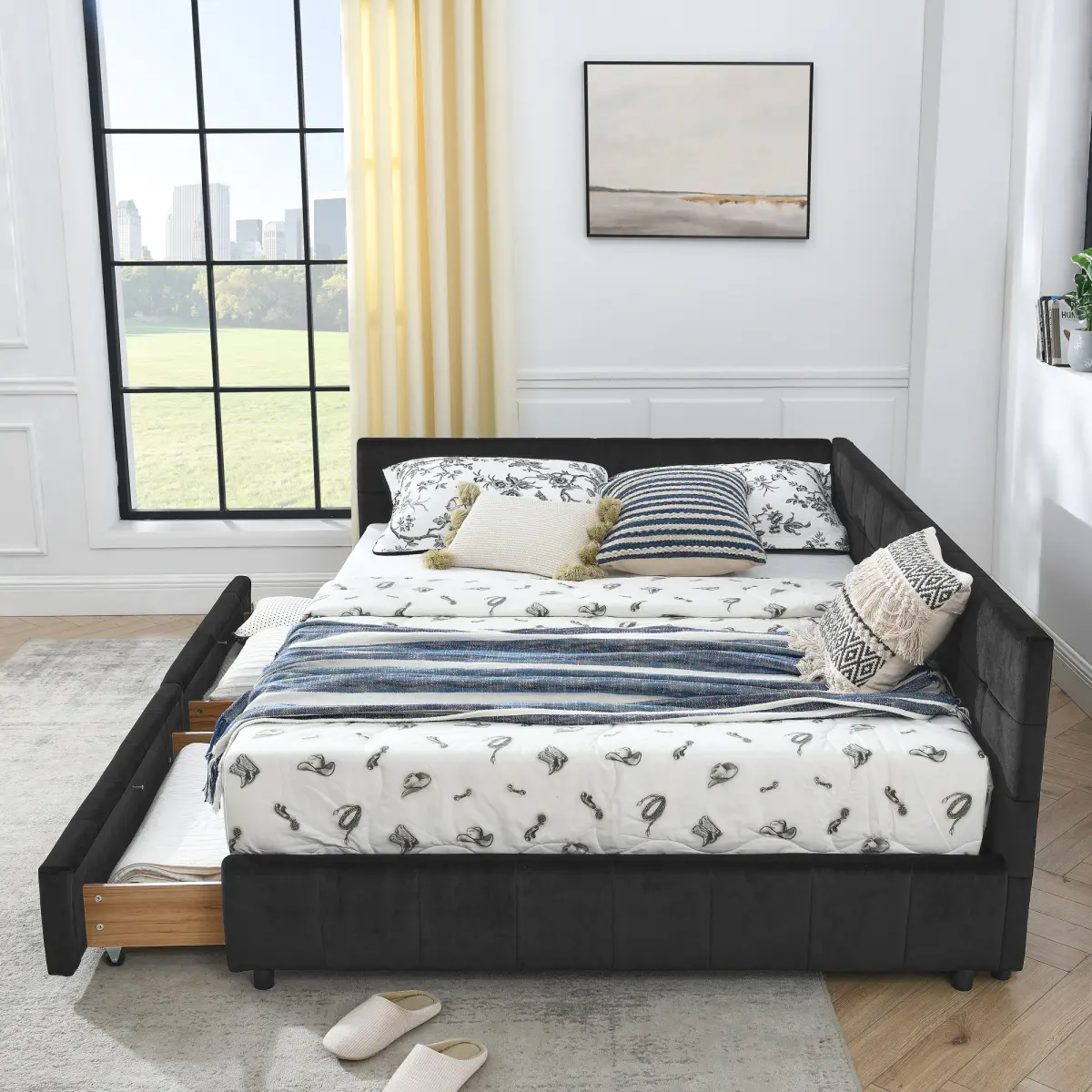 Queen Size Daybed Storage Bed Frame with Drawers, Upholstered Tufted Sofa Bed Frame with Comfortable Backrest and Armrests, Queen Size Bed for Bedroom, Living Room,Velvet (85.5''*64.5''*29.5'')