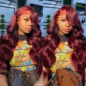 #99 Cherry Red Colored  Lace Front Wig Human Hair 200% Density Pure Luxury Virgin Human Hair Wig For Women Body Wave 13x4 HD Lace Upgrades Burgundy Colored Wig With Baby Hairline 36Inches, Heat Resistant