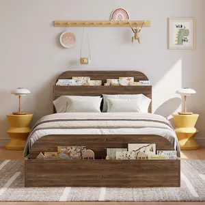 Twin XL Size Bed Frame, Wooden Beds with Storage Headboard and Raised-Foodboard, Twin XL-Floor Low Platform Bed for Bedroom, Sturdy Wooden Slats Support, No Box Spring Needed, Walnut