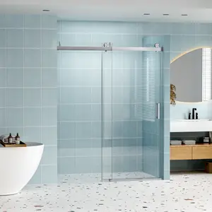56" - 60" W x 76" H Frameless Shower Door Soft-closing Single Sliding, 1/4" (6mm) Tempered Glass with Explosion-proof Coating, 24D01-60BNX Brushed Nickel    RR