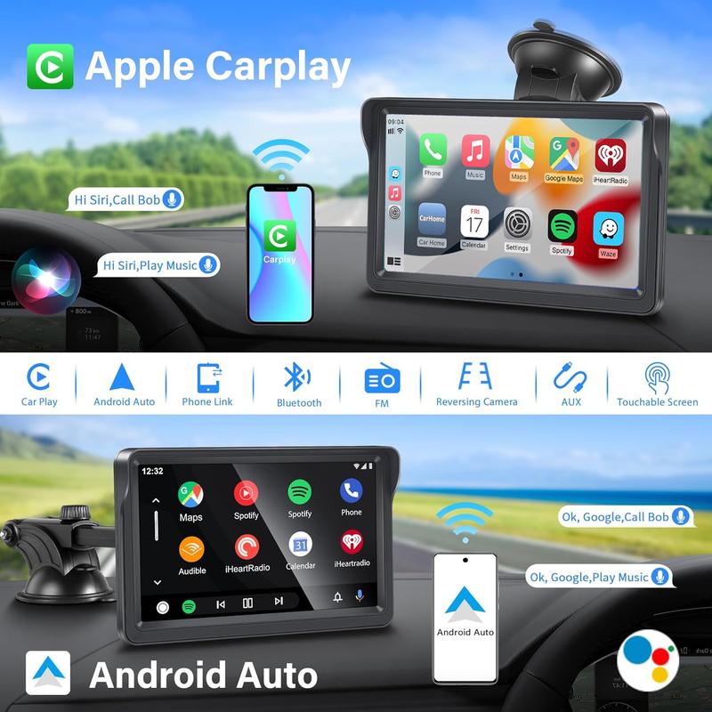 Portable Wireless Apple Carplay & Android Auto Car Stereo with Voice Control,7 Inch Touch Screen Double Din Stereo with Bluetooth, Multimedia Player, Car Audio with Mirror Link/AUX/FM