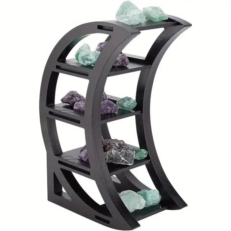 Elegant Black Crescent Moon Wooden Shelf - Spacious 3-Tier Display For Crystals, Stones & Plants - Durable Pine Construction - Perfect Gothic Witchy Home Decor