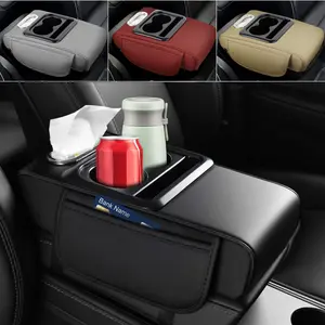 4 in 1 Universal Car Armrest Pad Center Console Box Cover Protector, PU Leather Hand Rest Cushion With Cup Holder & 2 Pocket, Multifunctional Car Middle Center Console Armrest Cover Pad Mat Protector Top