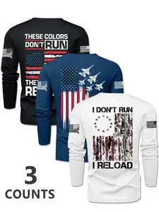 Men's 3-Piece Knit Flag Letter Print Crew Neck Long Sleeve T-Shirt Set, Spring & Fall Outdoor Casual Fitted Style, 3-Pack