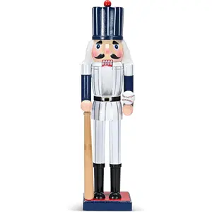 15" Christmas Baseball Player Nutcracker - Figure with White Pin Stripe Uniform and Bat Xmas Sports Holiday Decor