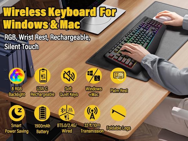 E-YOOSO Tri-Mode Wireless Mechanical Feel Keyboard - 104 Keys Full-Size Silent Quiet Keys - 8 RGB Backlit - BT5.0/2.4G/Wired - Ergonomic Palm Rest for Windows, Mac, Laptop, PS5, Xbox