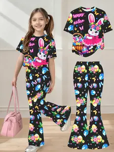 Joyful Holiday, Includes Short Sleeve Top with 3D Printed Easter Bunny Pattern and Bell Pants, Outdoor Wear