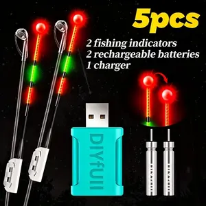 Night Fishing LED Light Set, 5-Piece Kit (2 Bite Indicator Lights + 2 Rechargeable Batteries + Charger), Glow Rod Tip Signal Lamp