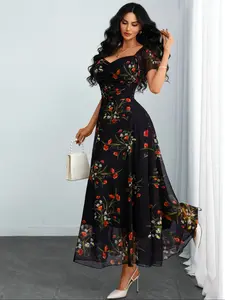 Women's Gothic Casual Floral Print Mesh V-Neck Backless Dress, Elegant A-Line Party Dress, Spring & Fall Fashion