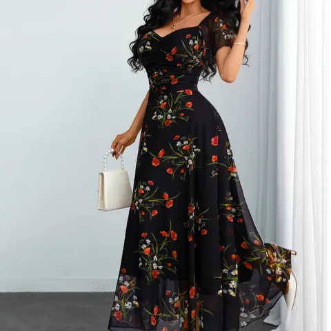 Women's Casual Chic Aesthetic Floral Print Mesh V-Neck Backless Dress, Elegant A-Line, A Line Dresses