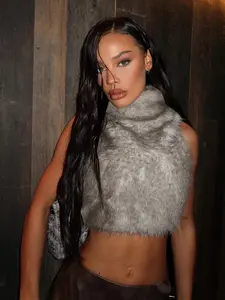 Women's Autumn Winter Sexy High Neck Turtleneck Fuzzy Zipper Short Vest Top, Slim-Fitting Plaid Plain Design, Street Style Fashion Womenswear