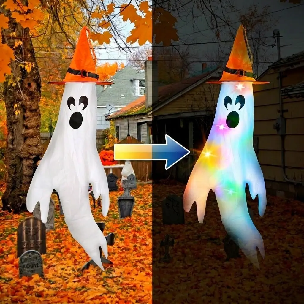 4Pcs Per Set Halloween Ghosts With Witch Hats Windsocks Hanging Decoration With Colorful LED Light Outdoor Flag Wind Socks Halloween Party Decoration For Yard Garden Tree