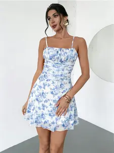 Women's Summer Chic Floral Halter Dress, Ruched Waist, Blue Printed Mini Skirt, Casual Fitted Sleeveless Dress, Sweet Spicy Style