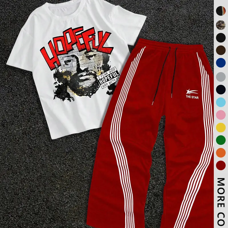 Men's Letter Print Short Sleeve Graphic Tee & Side Stripe Drawstring Waist Pants Two-piece Set, Casual Regular Fit Round Neck T-shirt & Pocket Trousers, Fashion Cozy Breathable Men's Outfits for Spring & Fall Clothes