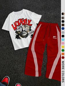 men's letter print short sleeve tee & stripe pattern pants two-piece set, men's 2 piece set, regular fit round neck t-shirt & pocket trousers, casual fashion cozy breathable men outfits for spring & fall, graphic menswear, mens clothing
