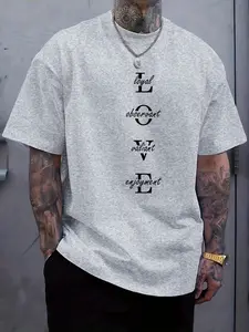 Men's Plus Size Casual Vintage Style Streetwear Fashion Menswear T-Shirt, Geometric Letter Print, Round Neck, Short Sleeve, Summer Sports Tee, Slight Stretch