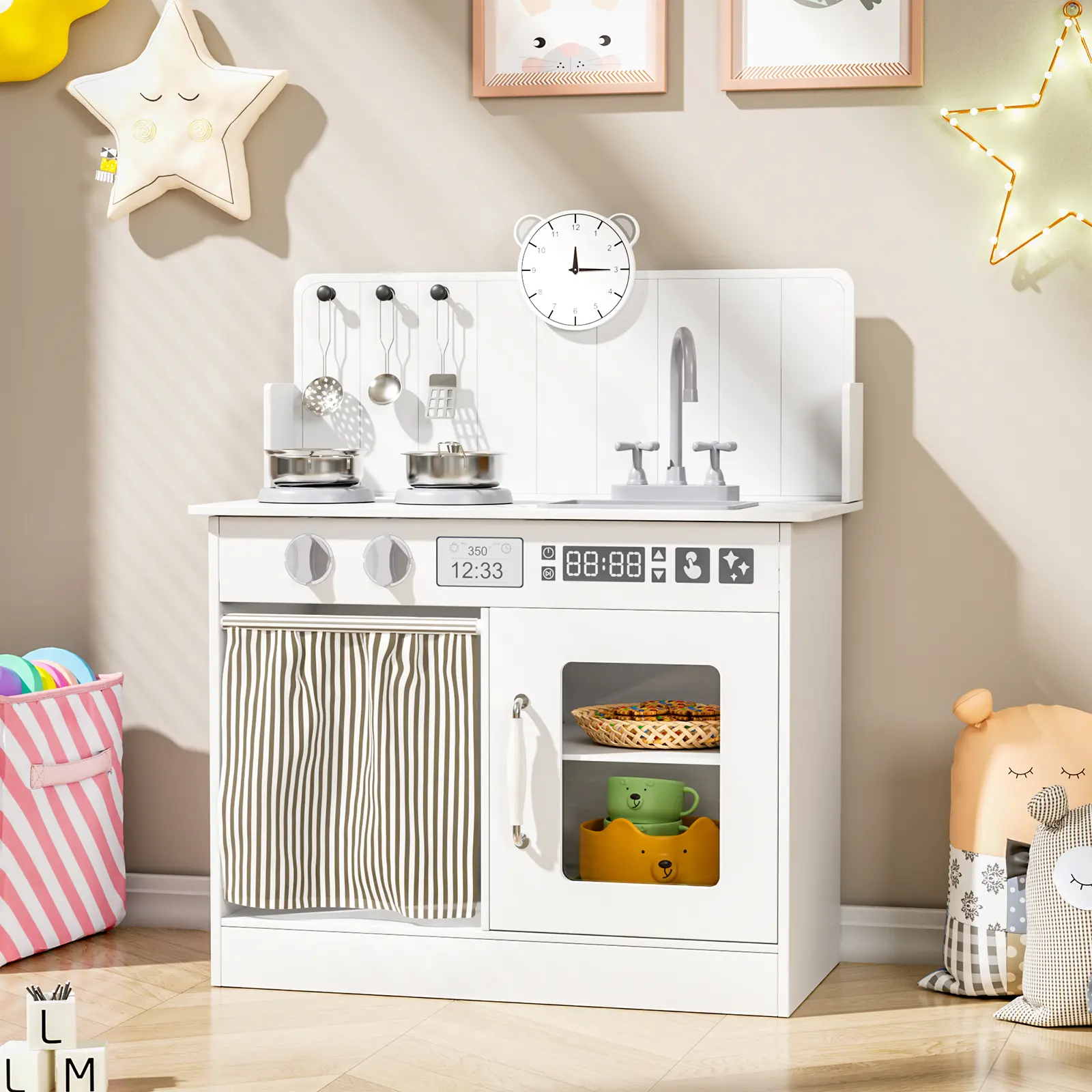 Arlopu Kids Kitchen Playset with Ample Storage, Interactive Play Kitchen with Simulated Gas Cooker, Clicking Knobs, Sink, Faucet, 6 Pcs Cookware, Educational Clock for Toddlers