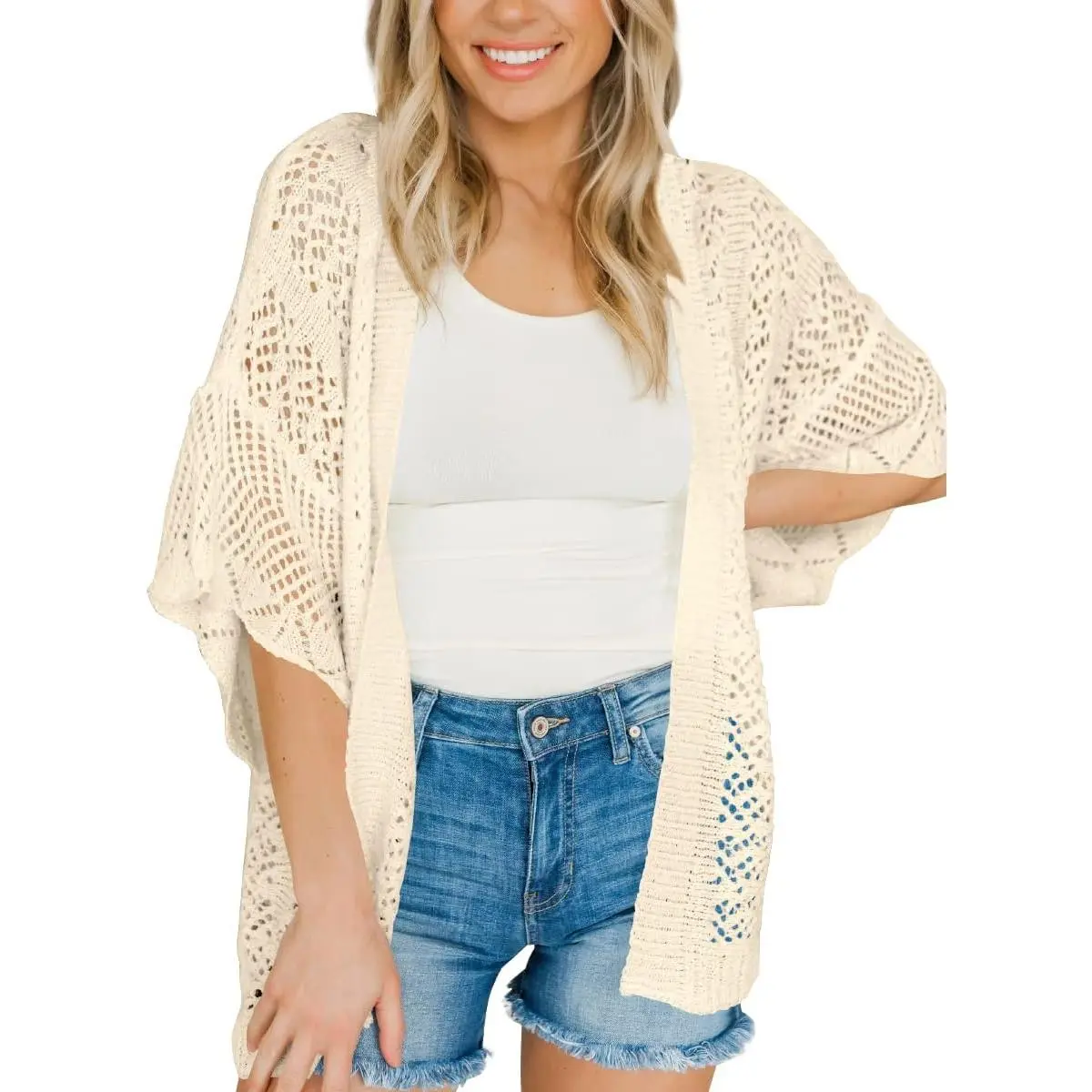 Saodimallsu Women's Crochet Open Front Cardigan 3/4 Bell Sleeve Soft Oversized Knitted Sweater Boho Summer Outerwear Cover Up Coat Knitwear  Womenswear Knitting Fitted