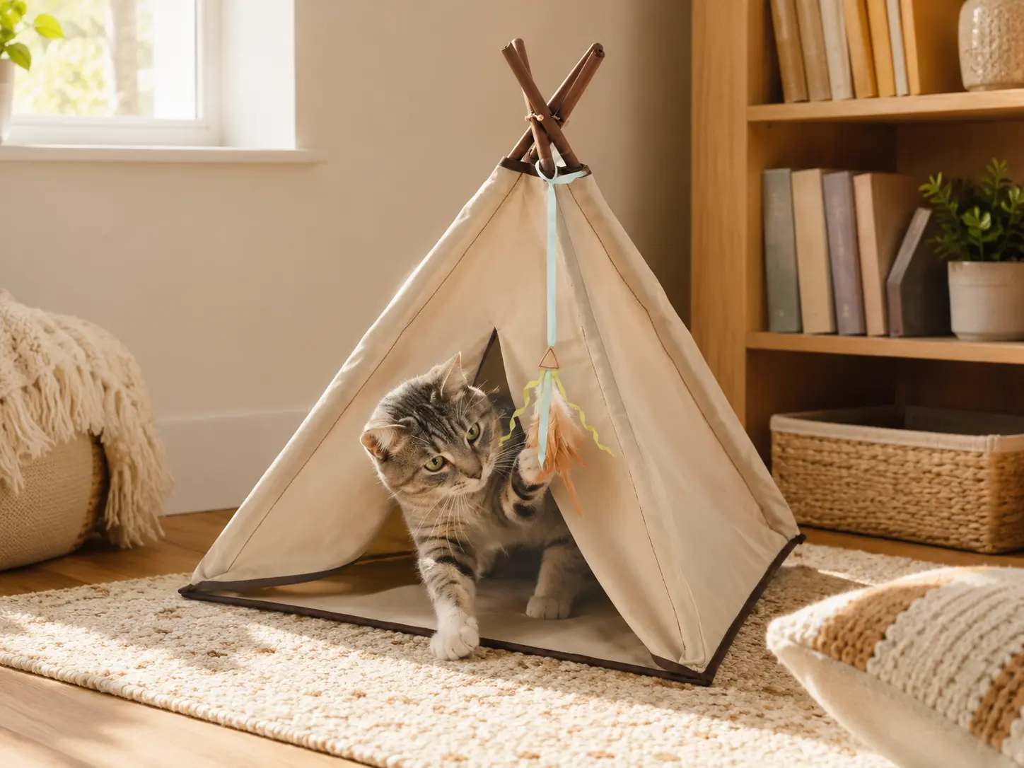 Collapsible Crinkle Cat Tent with Detachable Feather Toy, Cozy Hideaway for Cats and Kittens, Beige