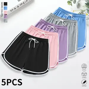 Pack of 5 women’s casual athletic shorts—home wear shorts, solid color, drawstring elastic waistband; suitable for casual outfits, outdoor sports, and yoga; women’s shorts, summer clothing.