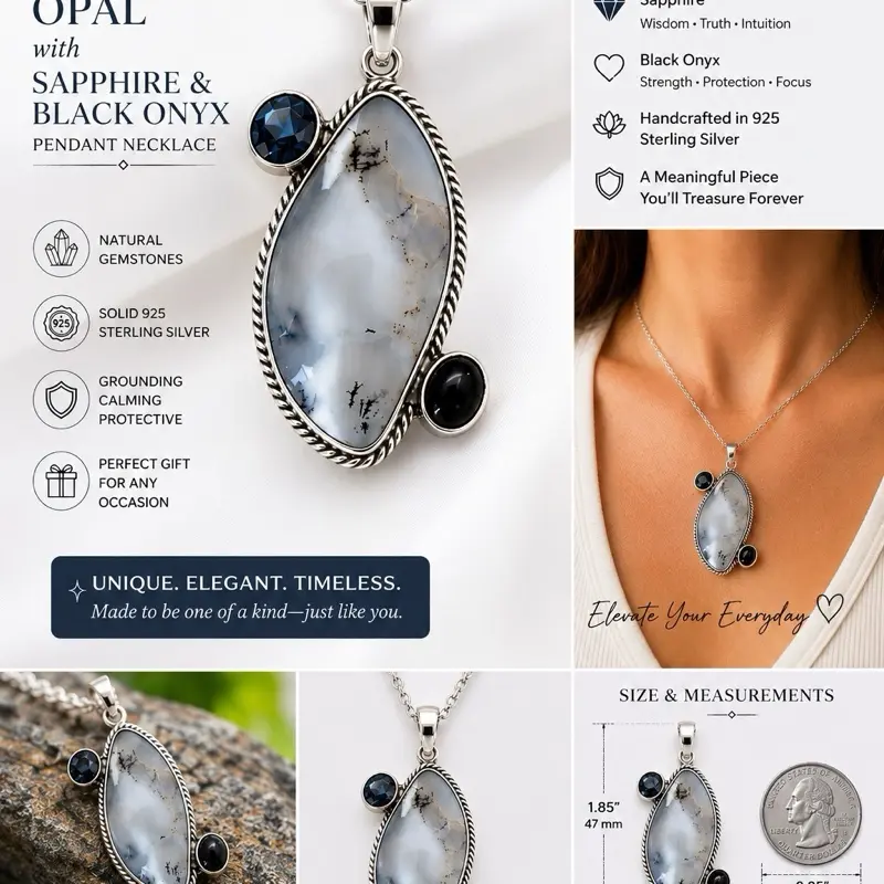 Dendritic Agate Cabochon Pendant with Sapphire & Black Onyx | 925 Sterling Silver |