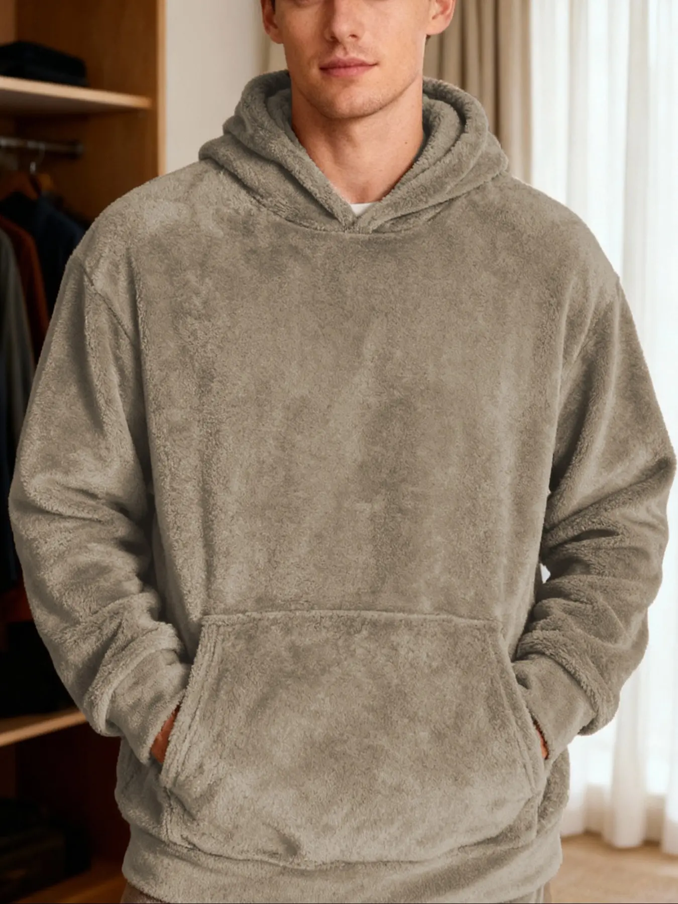 Men's Autumn Winter Outfits Plush Warm Hooded Pullover Sweatshirt for Daliy Wear, Large Kangaroo Pocket Design Drawstring Casual Wardrobe Essential